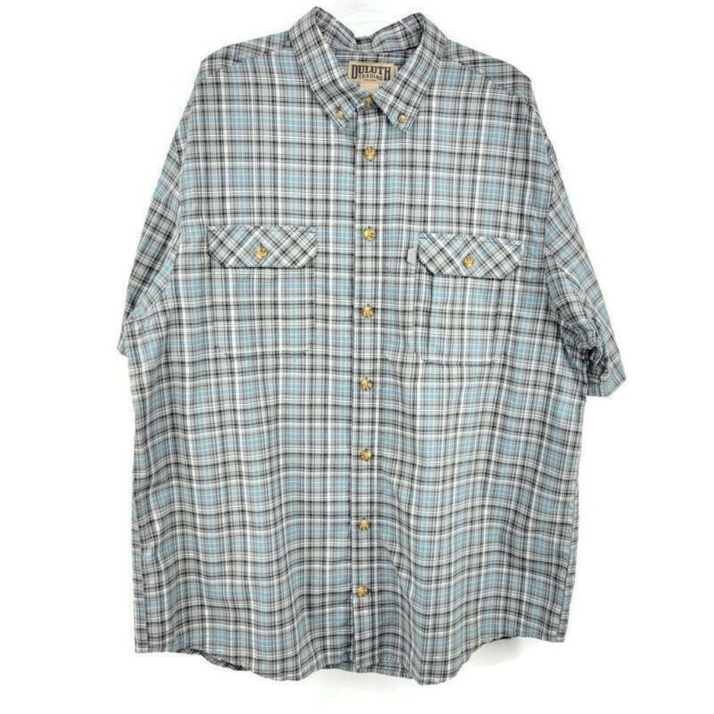 Duluth Trading Co (2XL Tall) Plaid Standard Fit Camp Button Shirt Blue Check